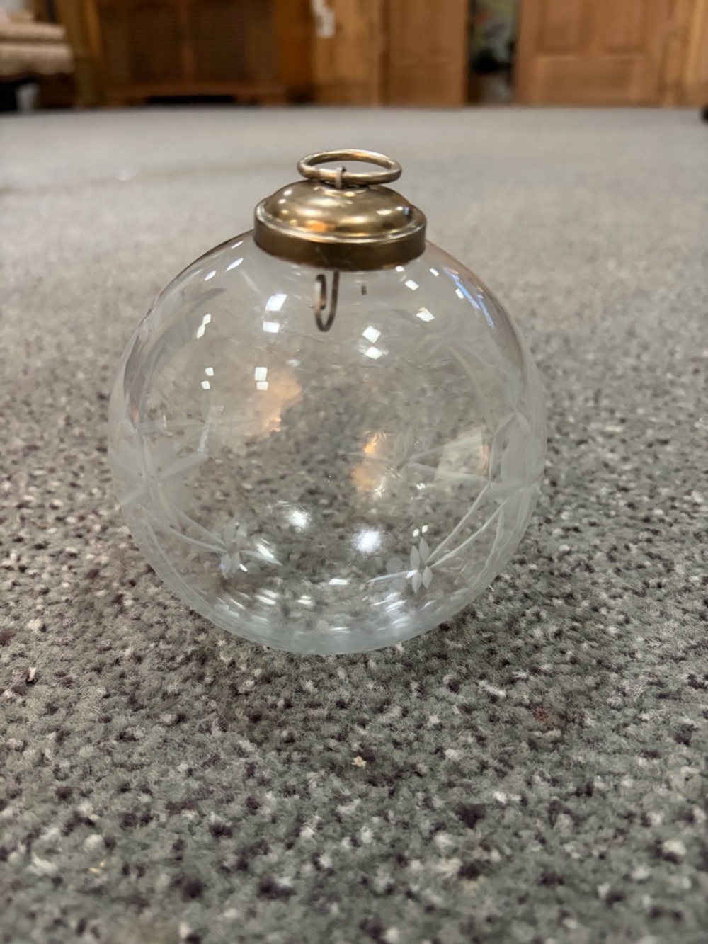 Etched Clear Glass Bauble Ornament with Brass Top